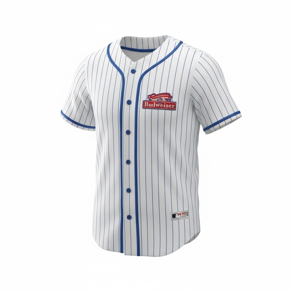 Budweiser Baseball Jersey Mens Small White Blue Pinstripe King of Beers Graphic
